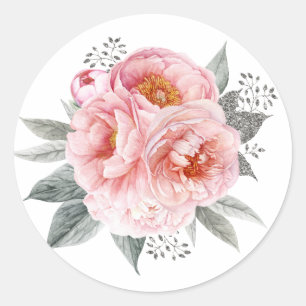 Sticker Rond Fleurs de pivoines rose et gris pastel