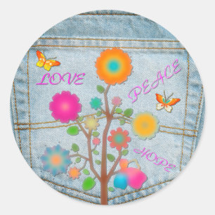Sticker Rond Fleurs de poche arrière en denim Paix Amour Espoir
