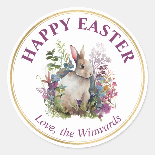Sticker Rond Fleurs de printemps à l'aquarelle et lapin Joyeuse (Devant)