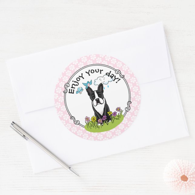 Sticker Rond Fleurs de printemps Boston Terrier Chien (noir) mi (Enveloppe)