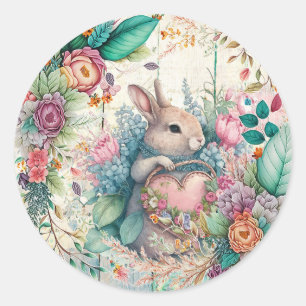 Sticker Rond Fleurs de printemps de lapin de Pâques mignonnes