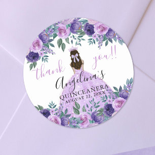 Sticker Rond Fleurs de Remerciement Violet pour Quinceañera