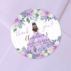 Sticker Rond Fleurs de Remerciement Violet pour Quinceañera