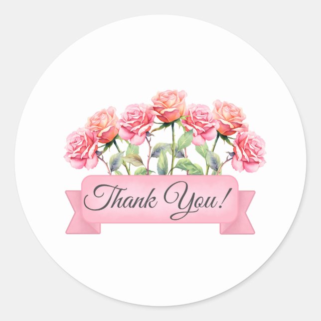 Sticker Rond Fleurs de rose avec bannière florale Merci (Devant)