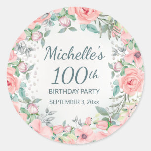 Sticker Rond Fleurs de roses aquarelles roses 100e anniversaire
