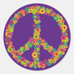 Sticker Rond Fleurs de signe de paix de hippie