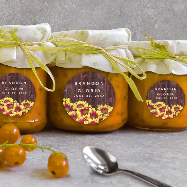 Sticker Rond Fleurs de soleil d'automne rustiques sur Mariage d (Autumn Sunflowers on Rustic Wooden Fence Wedding Round Sticker Cover Photo.)