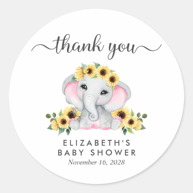 Sticker Rond Fleurs de soleil éléphant Baby Girl Douche Merci (Devant)