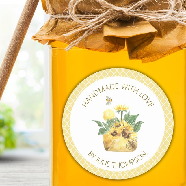 Sticker Rond Fleurs de soleil et abeilles 🍯 Miel jaune (Sunflowers & Bees 🍯 Yellow Honeycomb Custom Honey Classic Round Sticker)