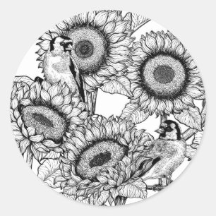 Sticker Rond Fleurs de soleil et ailerons en noir et blanc