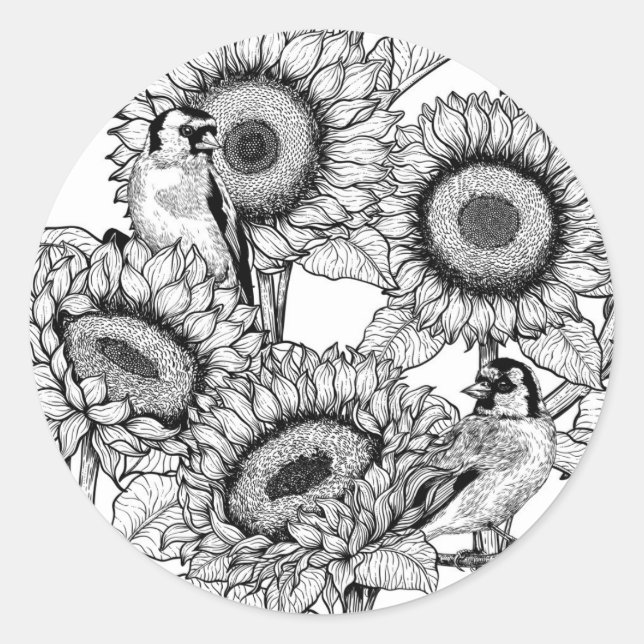 Sticker Rond Fleurs de soleil et ailerons en noir et blanc (Devant)