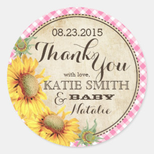 Sticker Rond Fleurs de soleil et En vichy chèque Merci