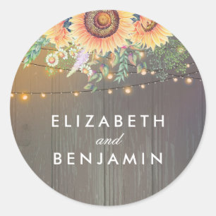 Sticker Rond Fleurs de soleil et lumières à cordes Grange en bo