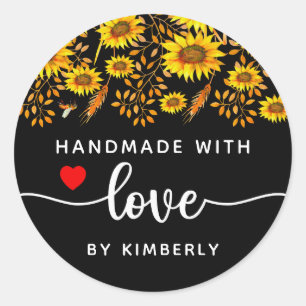 Sticker Rond Fleurs de soleil fait main avec l'amour noir