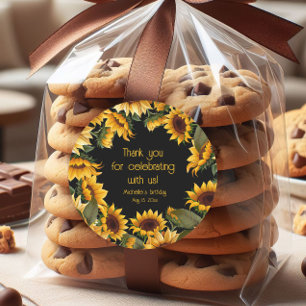 Sticker Rond Fleurs de soleil jaunes Merci d'anniversaire noir