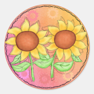 Sticker Rond Fleurs de soleil jaunes texturées vert rose floral