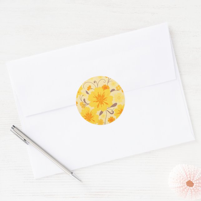 Sticker Rond Fleurs de soleil rétro - Modèle floral jaune (Enveloppe)