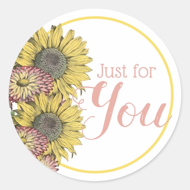 Sticker Rond Fleurs de soleil rustiques Merci rose jaune (Devant)