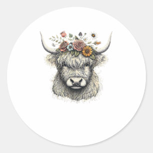 Sticker Rond Fleurs de veau de vache mignonne Illustration à la