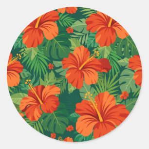 Sticker Rond Fleurs d'Hibiscus Rouge Orange Vert Feuillage de l