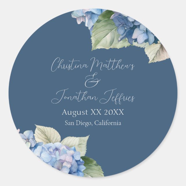 Sticker Rond Fleurs d'hortensia aquarelle bleu romantique sur f (Devant)