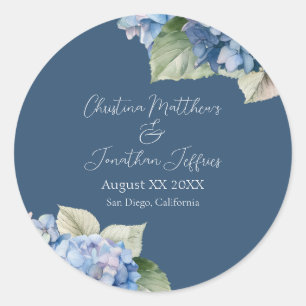 Sticker Rond Fleurs d'hortensia aquarelle bleue romantique sur 