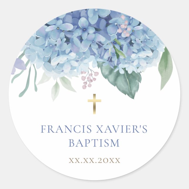 Sticker Rond fleurs d'Hortensia bleues Baptême (Devant)