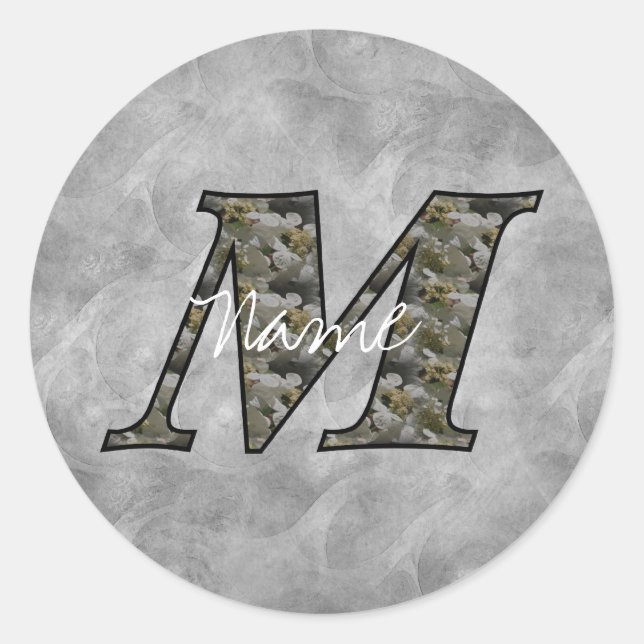 Sticker Rond Fleurs d'hydrangea Monogramme Initiale M Personnal (Devant)