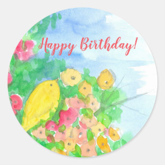 Sticker Rond Fleurs d'oiseaux Jaunes Joyeux Anniversaire Person