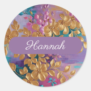 Sticker Rond Fleurs D'Or Peintes Sur Lilac Rose Turquoise