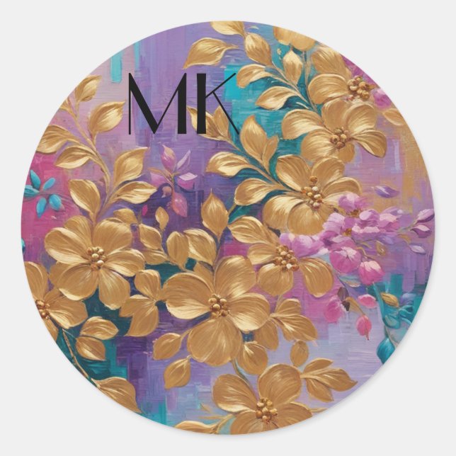 Sticker Rond Fleurs D'Or Peintes Sur Lilac Rose Turquoise (Devant)