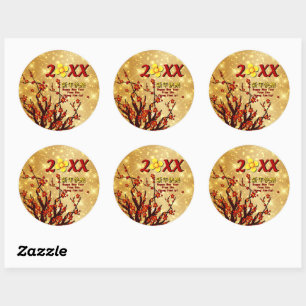Sticker Rond Fleurs d'or rouge Joyeux Nouvel An chinois 20XX