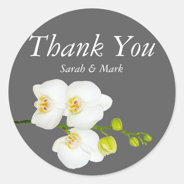 Sticker Rond Fleurs d'orchidées blanches et Merci Mariage gris (Devant)