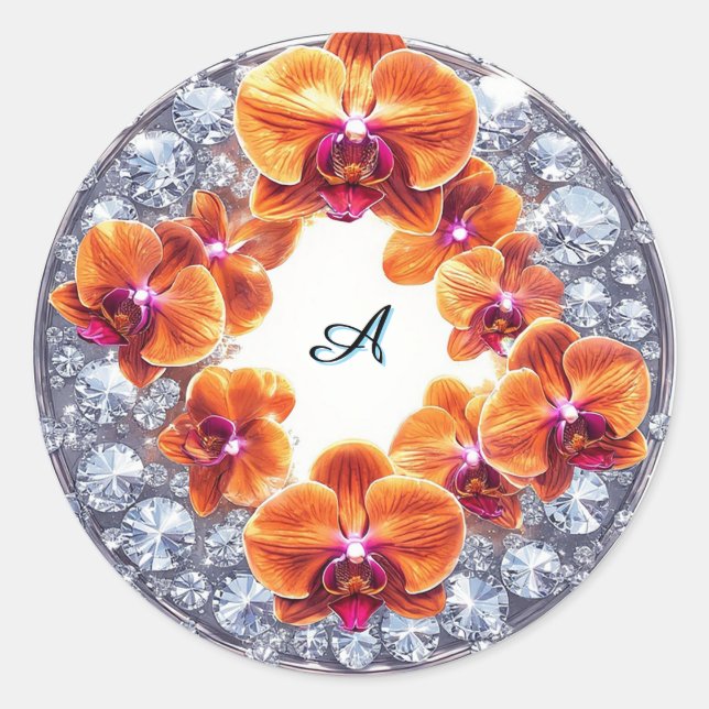 Sticker Rond Fleurs d'orchidées enchâssées dans des cristaux (Devant)