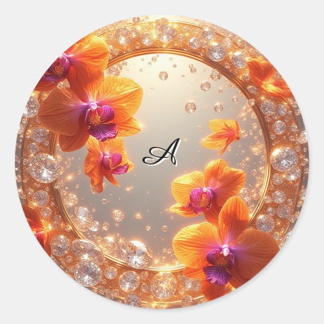 Sticker Rond Fleurs d'orchidées enchâssées dans des cristaux (Devant)