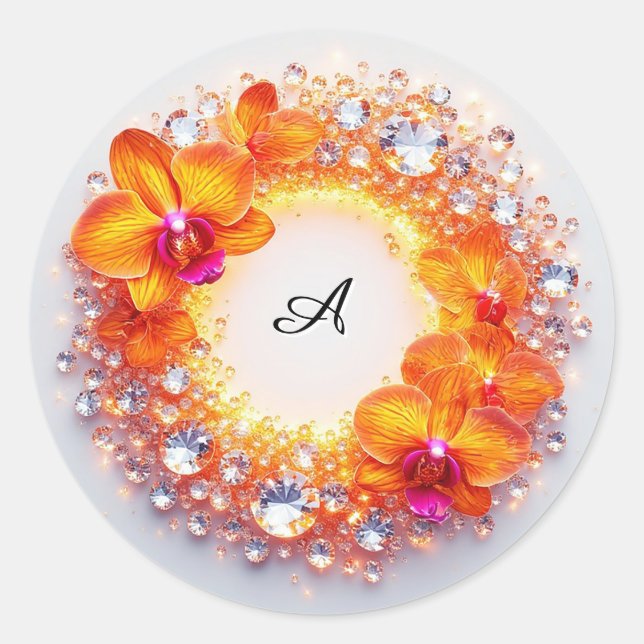 Sticker Rond Fleurs d'orchidées enchâssées dans des cristaux (Devant)