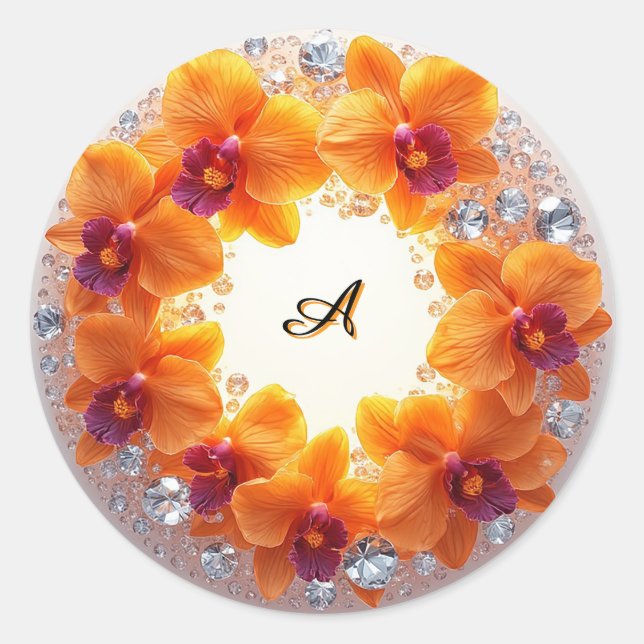 Sticker Rond Fleurs d'orchidées enchâssées dans des cristaux (Devant)