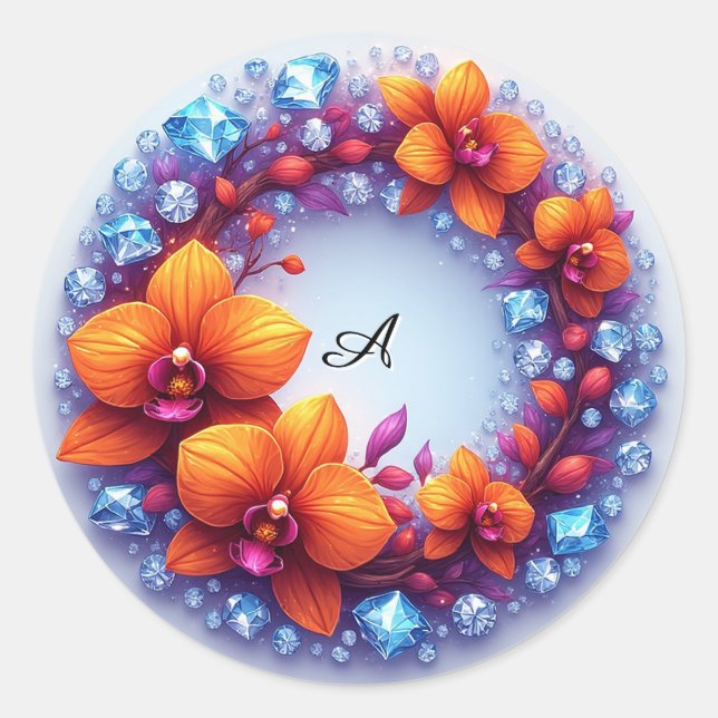 Sticker Rond Fleurs d'orchidées enchâssées dans des cristaux (Devant)