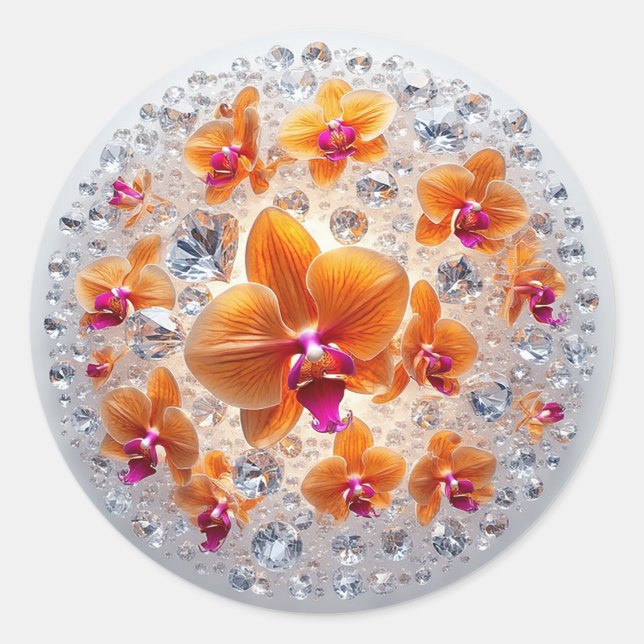 Sticker Rond Fleurs d'orchidées enchâssées dans des cristaux (Devant)