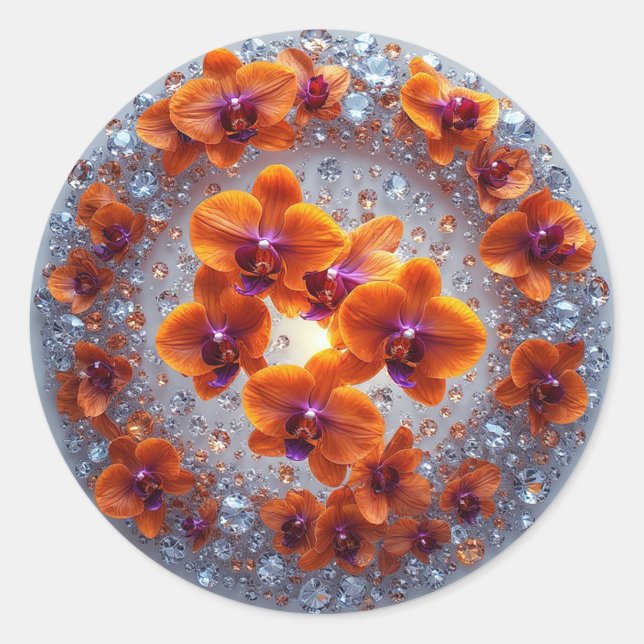 Sticker Rond Fleurs d'orchidées enchâssées dans des cristaux (Devant)