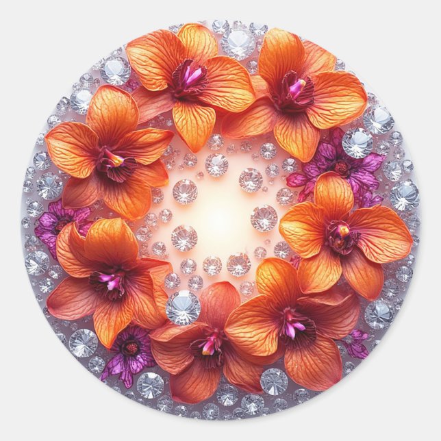 Sticker Rond Fleurs d'orchidées enchâssées dans des cristaux (Devant)