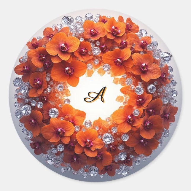 Sticker Rond Fleurs d'orchidées enchâssées dans des cristaux (Devant)