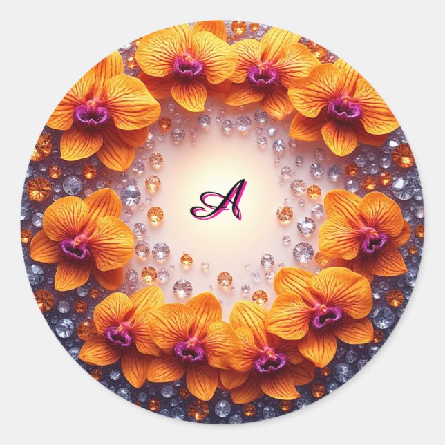Sticker Rond Fleurs d'orchidées enchâssées dans des cristaux (Devant)