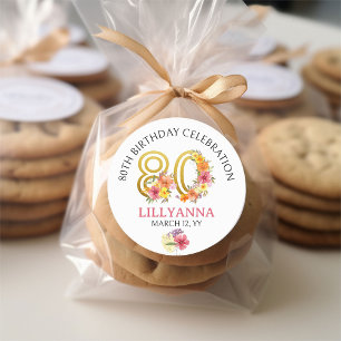 Sticker Rond Fleurs dorées pour 80e anniversaire avec numéro 80
