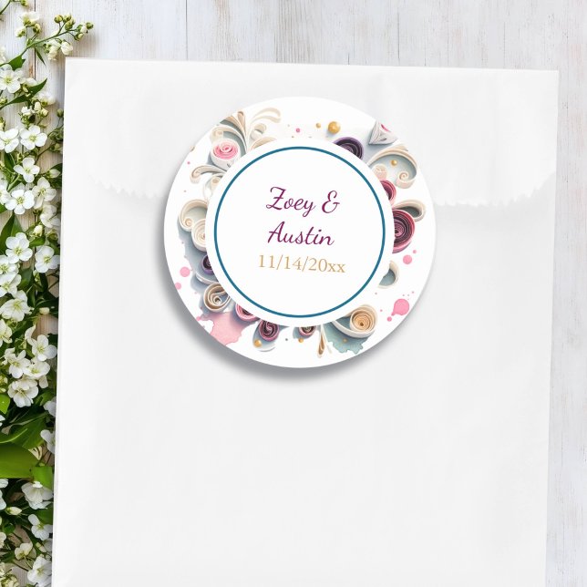Sticker Rond Fleurs élégantes en quilling de papier personnalis (Créateur téléchargé)