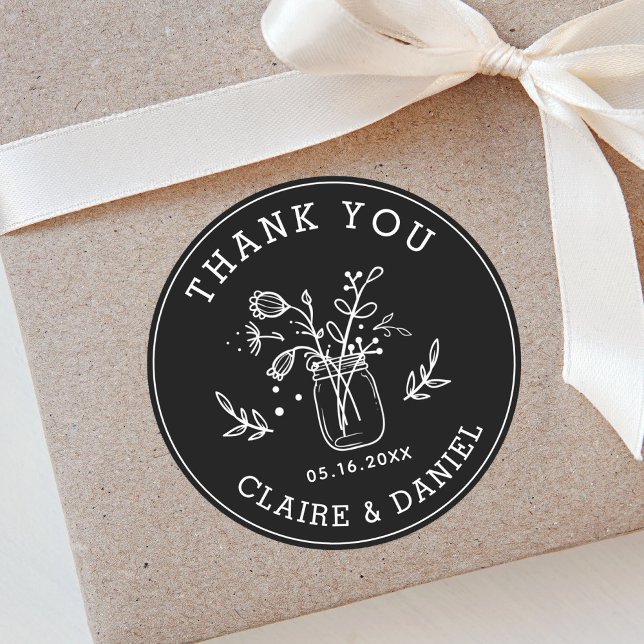 Sticker Rond Fleurs en Merci Mariage Mason noir et blanc (Créateur téléchargé)