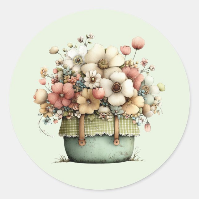Sticker Rond Fleurs en pot Cozy Shabby Mignon (Devant)