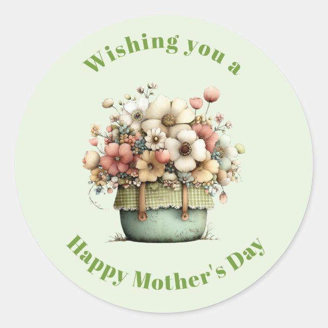 Sticker Rond Fleurs en Pot Cozy Shabby Mignon Fête des Mères (Devant)