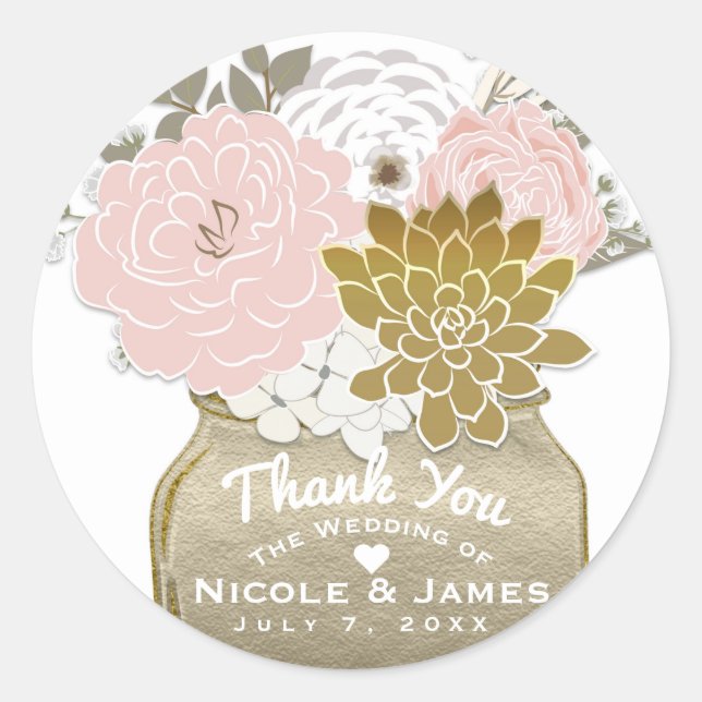 Sticker Rond Fleurs en pot Mason Floral rustique Rose et Or Chi (Devant)