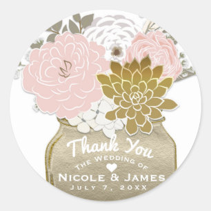 Sticker Rond Fleurs en pot Mason Floral rustique Rose et Or Chi